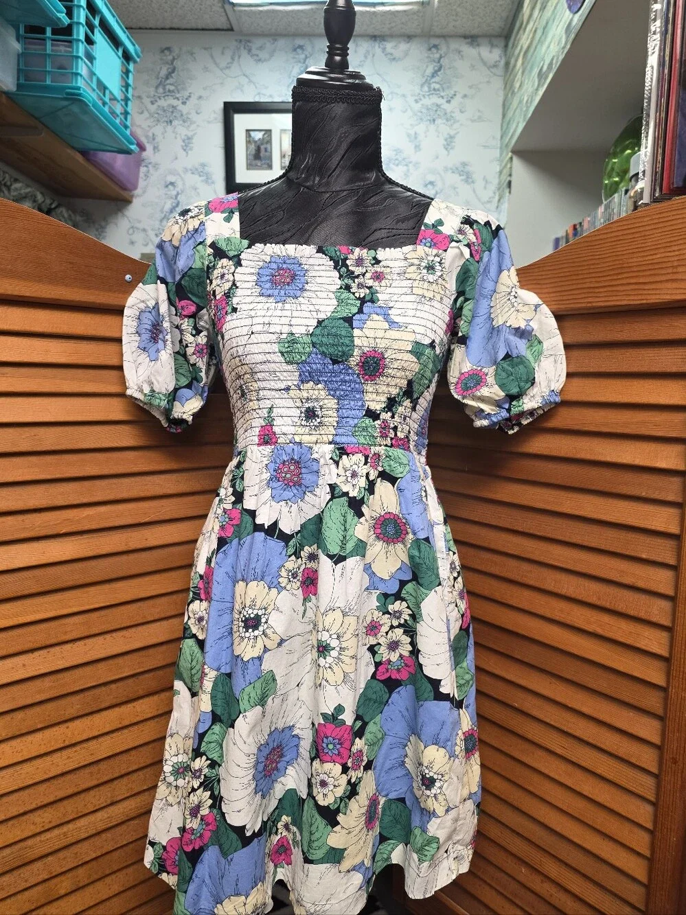 Gap Kids Girls Smocked Puff Sleeve Floral Dress Blue Green Cotton Size XL